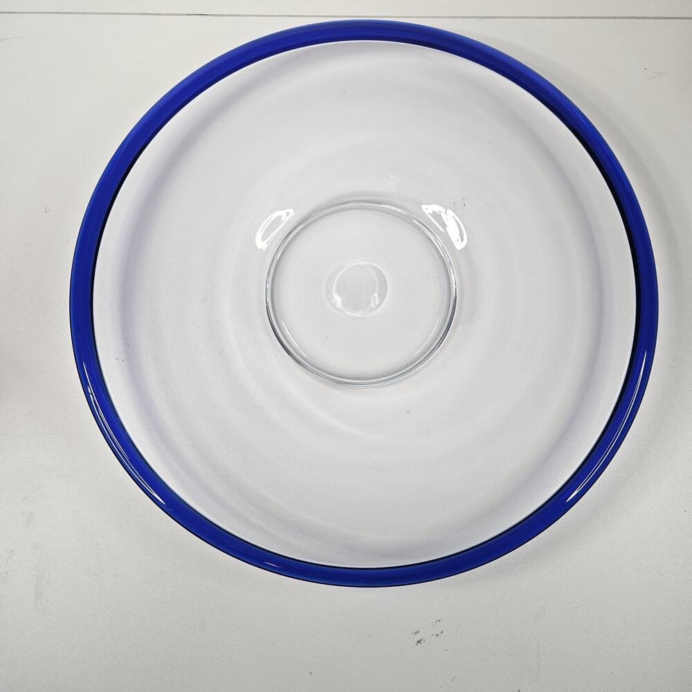 Vintage Hand Blown Blue Rim Clear Glass Platter Plate 13-3/4" Modern Candle Tray